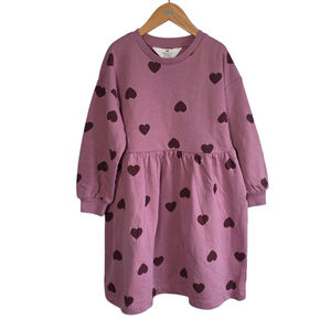 H&M Girls Heart Print Sweatshirt Dress Size 4-6 Pink Organic Cotton Blend NEW